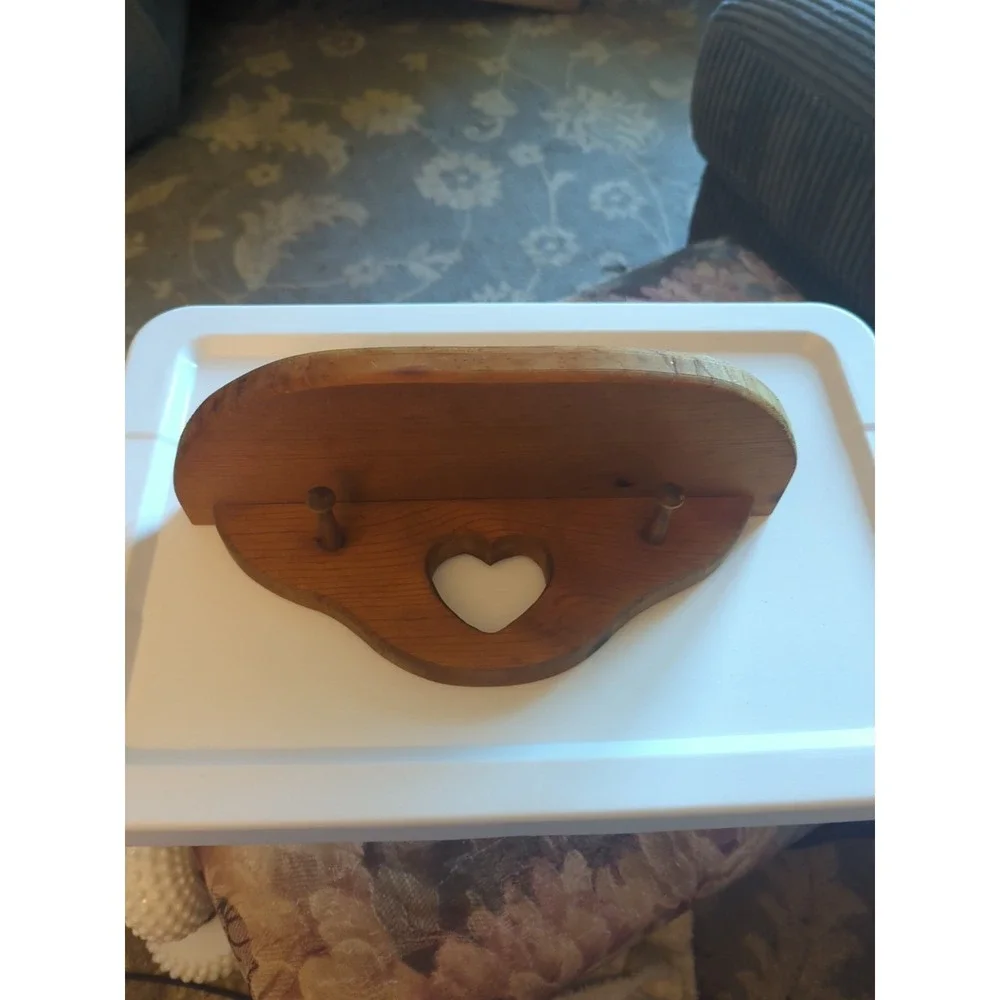Vtg Wooden Heart Cutout Shelf with 2 Pegs Wall Hanging Wood Rustic Cottage
